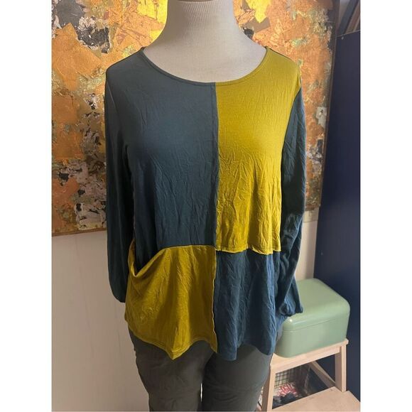 Chalet et ceci Lagenlook Colorblocked Bamboo Blend Green Tunic L - Picture 1 of 9